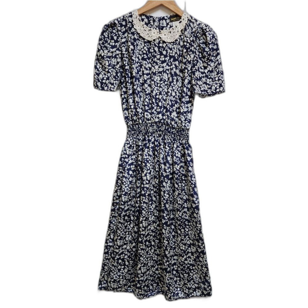 Vintage Stuart Alan Navy Floral Midi Dress Sz 8 Lace Collar Smock Waist Cottage